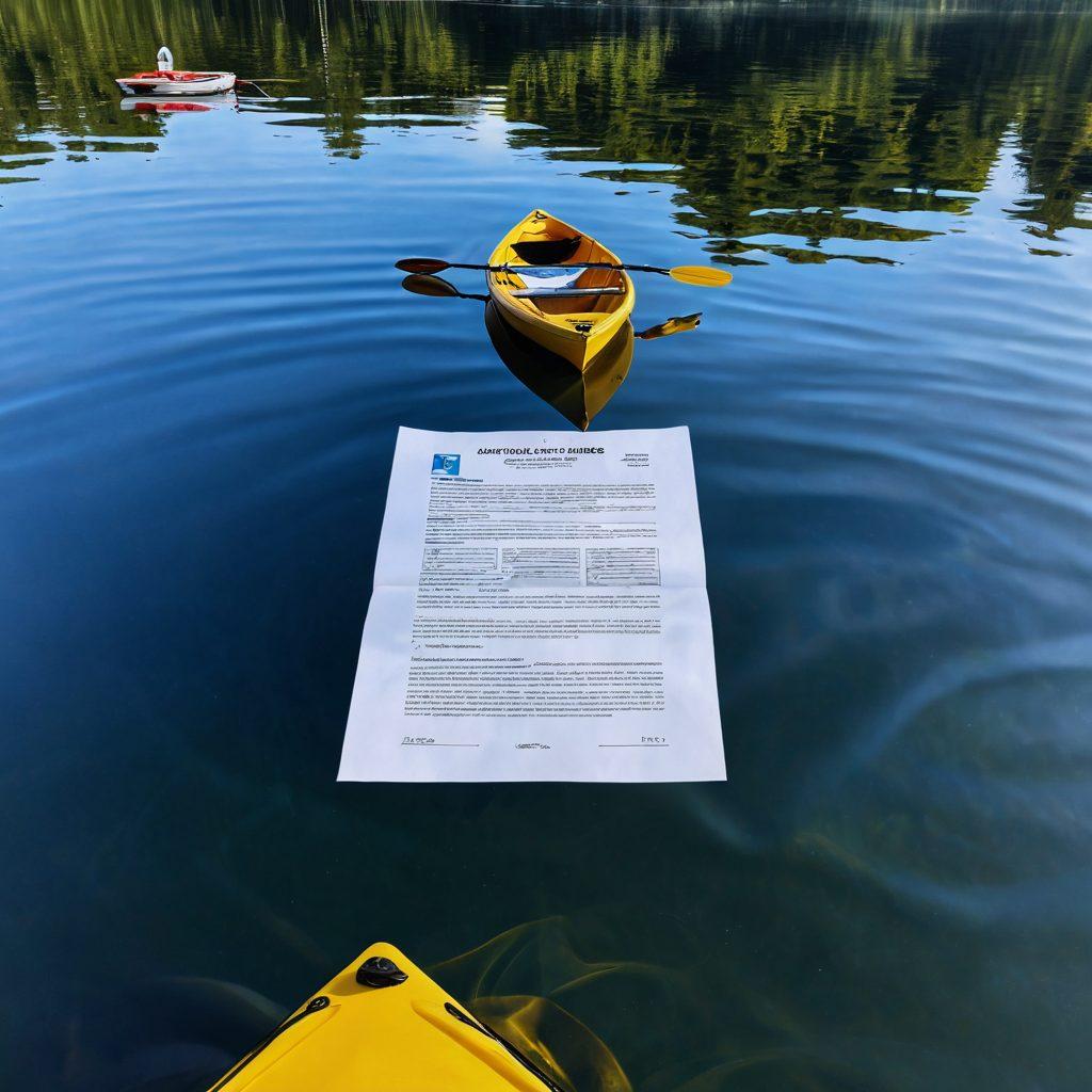 A scenic view of a calm lake with a diverse array of boats: a sailboat, a motorboat, and a kayak all showing safe practices. In the foreground, an open insurance policy document is partially submerged in water, symbolizing coverage. A safety buoy floats nearby, emphasizing safety. The sky is clear blue with gentle ripples on the water. super-realistic. vibrant colors. 3D.