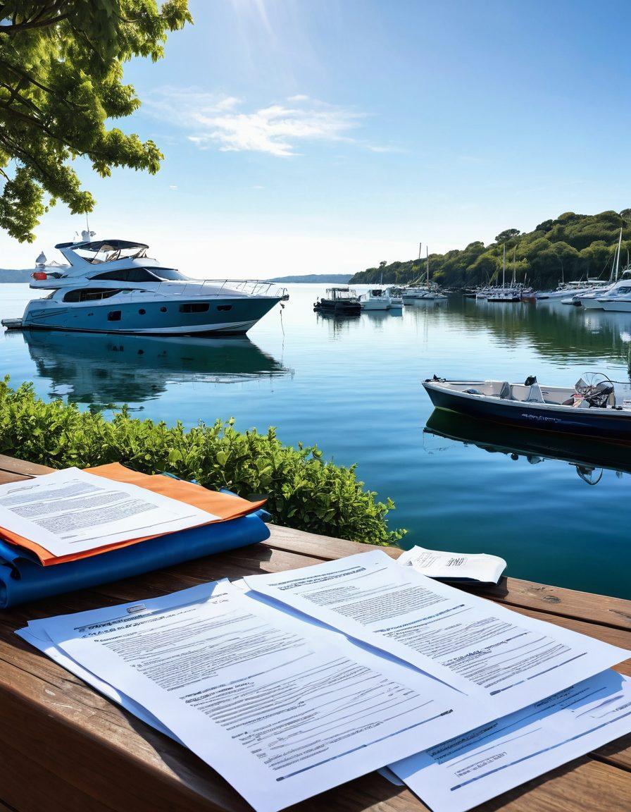 A serene marina scene showcasing a variety of boats, from luxury yachts to fishing vessels, with happy families enjoying their time on the water. In the foreground, a detailed representation of a boat insurance policy document partially unfolded next to a life jacket and safety gear, symbolizing protection. The background features calm waters under a bright blue sky and vibrant greenery along the shore, conveying peace of mind. super-realistic. vibrant colors. 3D.