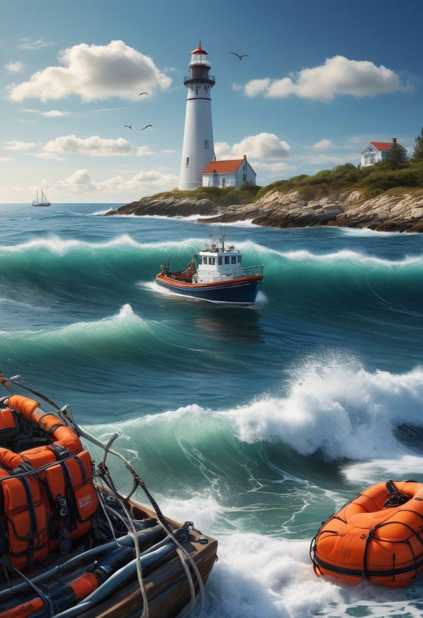 A serene marine scene depicting various watercraft, including sailboats, yachts, and fishing vessels, all equipped with different types of marine protection gear. The background features a tranquil sea with gentle waves and a clear blue sky, while a lighthouse stands proudly on a nearby coast. Incorporate visual elements that symbolize safety, such as life jackets and nets, emphasizing the theme of marine protection. The scene should evoke a sense of adventure and responsibility towards the ocean. vibrant colors. super-realistic.